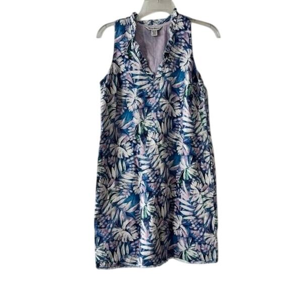 Tommy Bahama Sleeveless Floral Dress XS Blue Pink Tropical Print Ruffle Neck - Picture 1 of 12